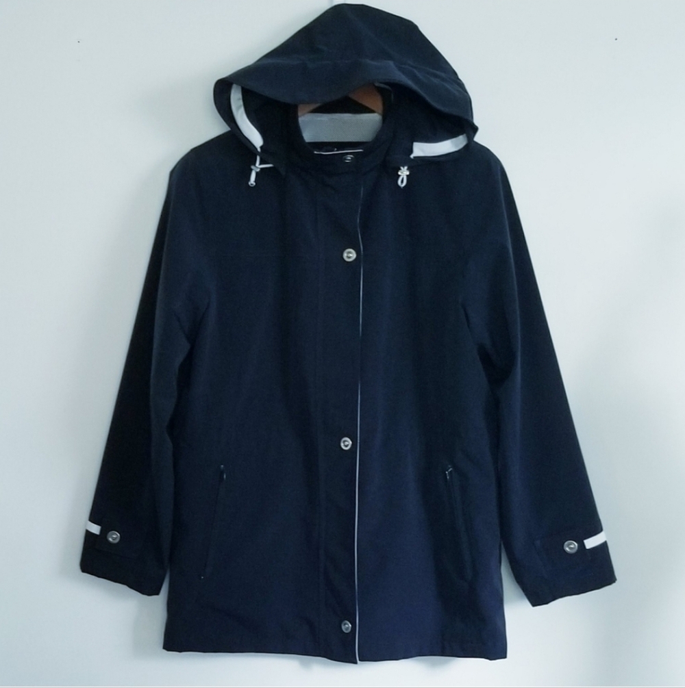 Liz Claiborne Navy Blue/White Raincoat Jacket / Hooded Jacket